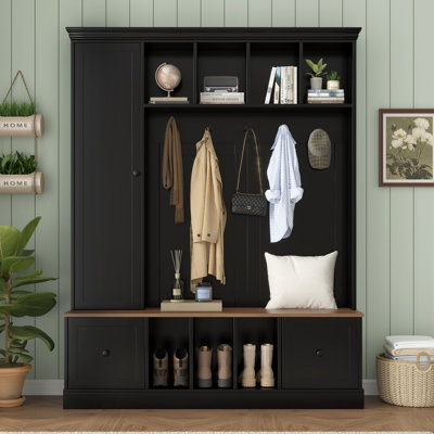 76.9" Farmhouse Hall Tree Entryway Storage Bench, 5 Top Open Cubbies, 5 Coat Hooks, Side Wardrobe & Bottom Shoe Cabinet