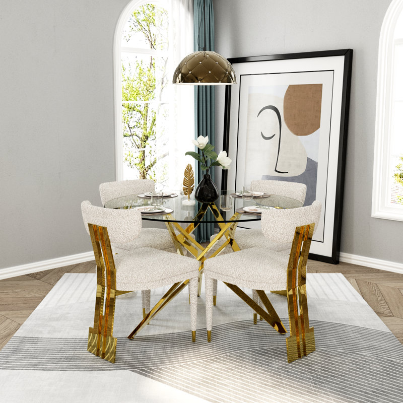 47 Inch Round Glass Top Metal Base Dining Table, Gold