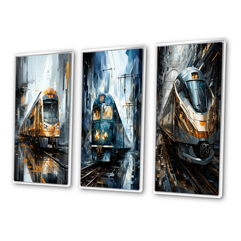 «Golden Train Geometric Momentum», 3 pièces sur toile, Encadrement doré, H 28 po x l 36 po