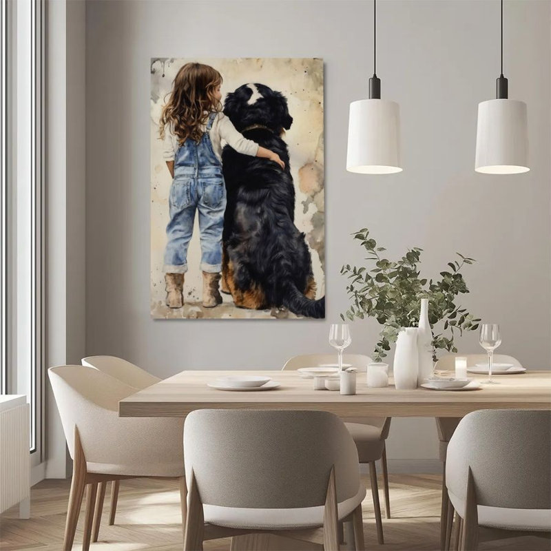 Impression sur toile encadrée 1Pc, une petite fille avec un bouvier bernois, chaleureuse décoration murale, parfaite pour la décoration de chambre