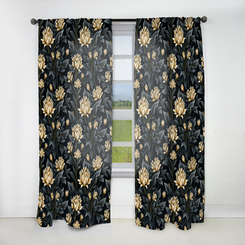 Black And Beige Damask Flower Opulence I - Bohemian Curtain - Velvet Room Darkening - 1 panel, 52" W x 108" L