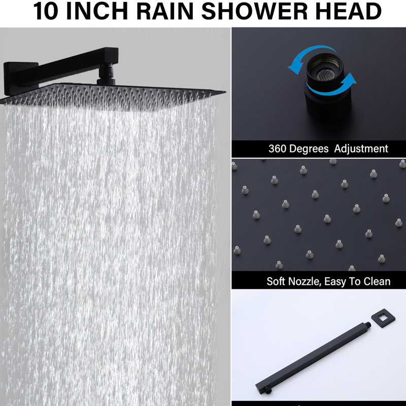 Système de douche mural noir mat avec robinet équilibré et pomme de pluie 10 pouces - Salle de bain