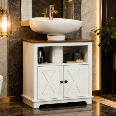 Meuble-lavabo avec rangement intégré, style moderne, design en U pour une utilisation sous les meubles, double porte dissimulée et étagère ouverte pour les objets visibles, surface lisse et facile d'entretien.