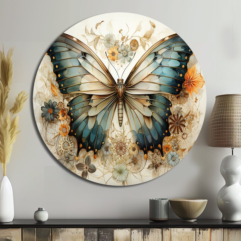 Papillon beige sarcelle, motifs complexes - animaux, art rond en métal, H 29 po x l 29 po