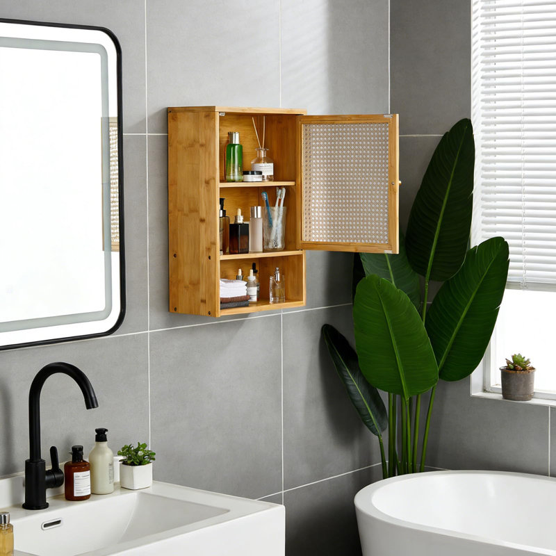 Bathroom Wall Cabinet with Rattan Doors & Adjustable Shelf, Above-Toilet Bamboo Medicine Cabinets, Natural