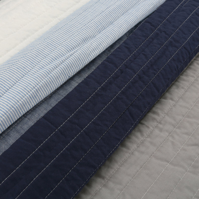 Tranquil Blue Gray Stripes Cotton Striped Quilt, Twin Quilt + 2 Standard Shams