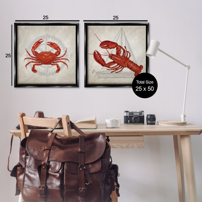 Ensemble de 2 toiles flottantes Lobster and Crab Compass, design par Kim Allen, H 25 po x l 25 po, Noir