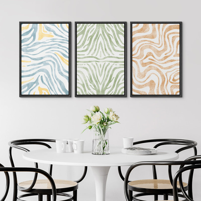 " Blue Green Brown Stripes Illustration Modern Decor Relax Calm Chic " 3 - Pieces on Canvas, H 24 po x l 16 po x P 1,5 po