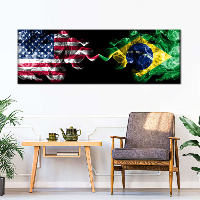 «Smoky USA», drapeaux du Brésil sur toile, H 14 po x l 42 po x P 1,25 po