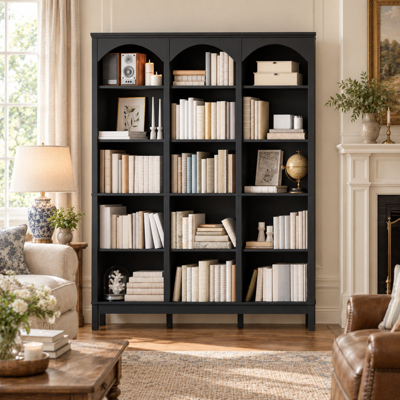 Bibliothèque à 5 niveaux avec tablettes ouvertes, L 59,06 po x P 11,02 po x H 71,26 po, Noir