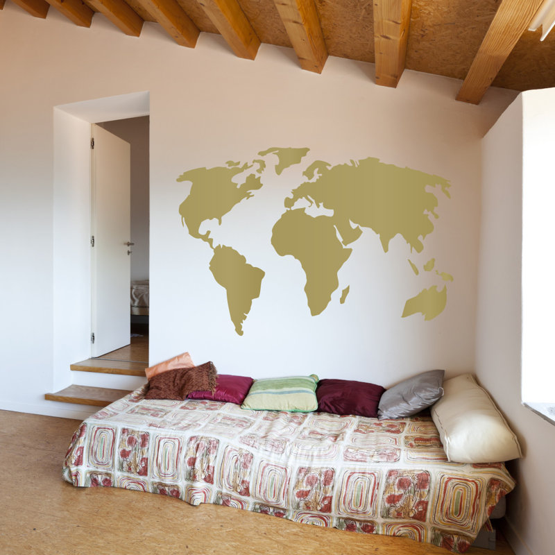 Décalcomanie murale carte du monde, H 22 po x l 32 po x P 0,01 po, Or