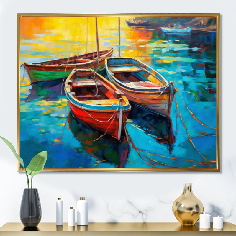 Trois bateaux dans le port I - impression sur toile Coastal Port, Cadre flottant doré, H 30 po x l 40 po x P 1,5 po