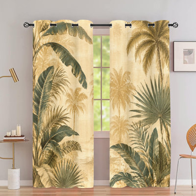 2Pcs Tropical Rainforest Grommet Blackout Curtains, Palm Leaf Printed Drapes, Thermal Insulated, Noise Reducing, Room Darkening, Grommet for Bedroom Living Indoor Home Decor