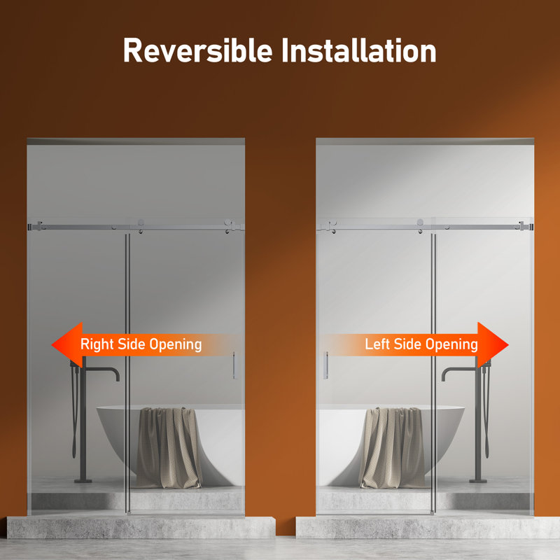 50"-54" W X 76" H Frameless Single Sliding Shower Door,  5/16" (8Mm) Thickened Upgrade Tempered Glass Door, Smooth Roller Stainless Steel Hardware, Reversible Mounted Modern Bathroom Enclosure