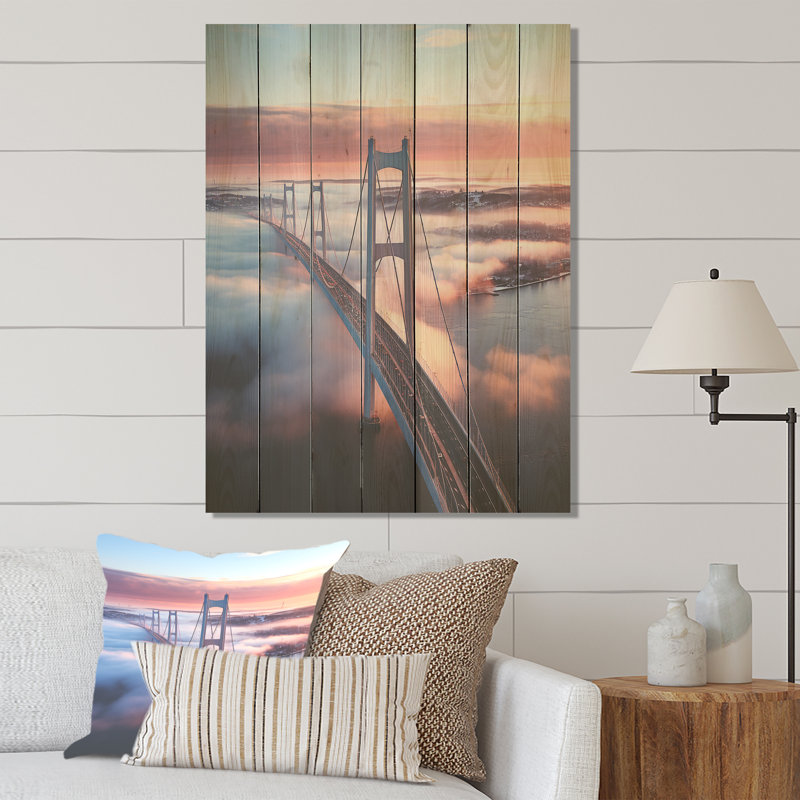 Pont bleu et rose avec vue sur le coucher de soleil III - Ponts sur bois, H 44 po x l 34 po
