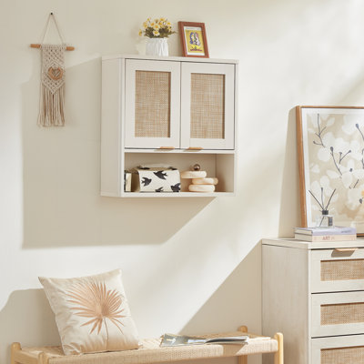 Armoire murale en rotin pour la salle de bain, armoire à pharmacie Boho avec tablette et portes réglables, organisateur pour armoires de rangement au-dessus de la toilette, buanderie, cuisine, salon