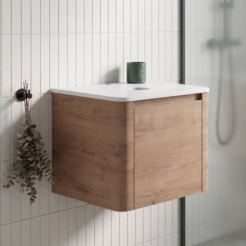 Meuble-lavabo mural simple flottant 24 po avec dalle de comptoir, base de meuble-lavabo moderne en contreplaqué incurvé en chêne naturel (lavabo non inclus)