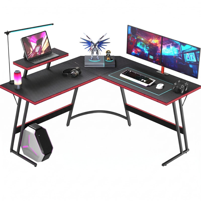 Sherri L Shaped Gaming Computer Desk with Large Monitor Stand, Black, 29" H x 51" W x 20" D