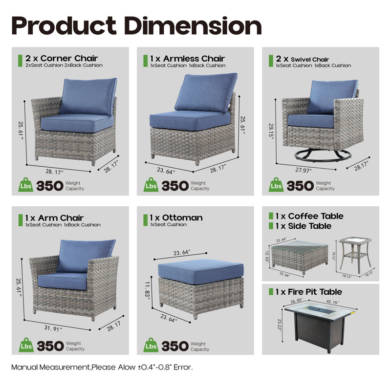 7 - Person Mostly No Assembly Required Patio Furniture Set with Swivel Rocker, Outdoor Wicker Rattan Sectional Seating Group with Cushions, All Weather Sofa Conversation Set with Fire Pit Table for Garden Backyard