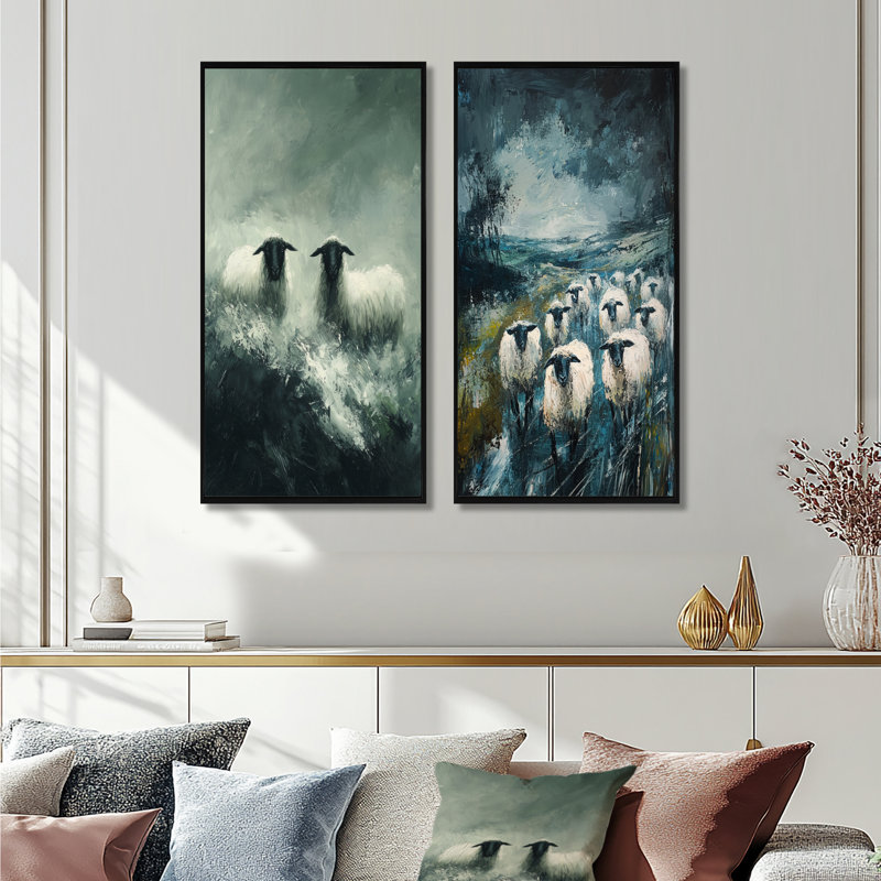 «Stormy Pasture Of Sheep III», art mural 2 pièces, H 32 po x l 33 po, Impression encadrée flottante, Noir