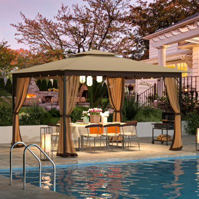 10'x12' Outdoor Gazebo With Double Roof, Metal Frame Patio Gazebo With Netting, Water-resistant Canopy Tent For Backyard, Deck, Garden, Patio, Khaki