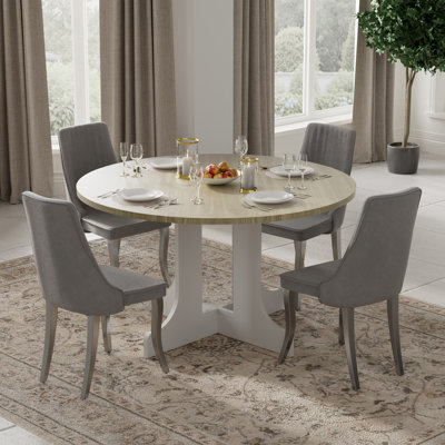 5 Pieces Modern Farmhouse Natural Round Dining Set with Mid-Century High Back Dining Chair Set for 4