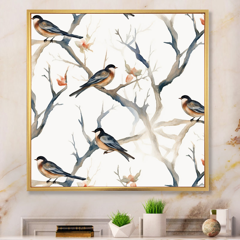 «Little Birds On The Tree Branches III», reproduction d'art sur toile, H 30 po x l 30 po x P 1 po, Cadre flottant doré