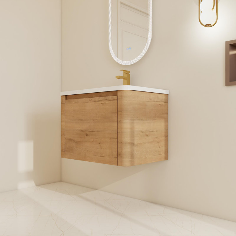 Ensemble de meuble-lavabo simple mural 24 "/ 28" avec lavabo en céramique, 28", Imitation chêne