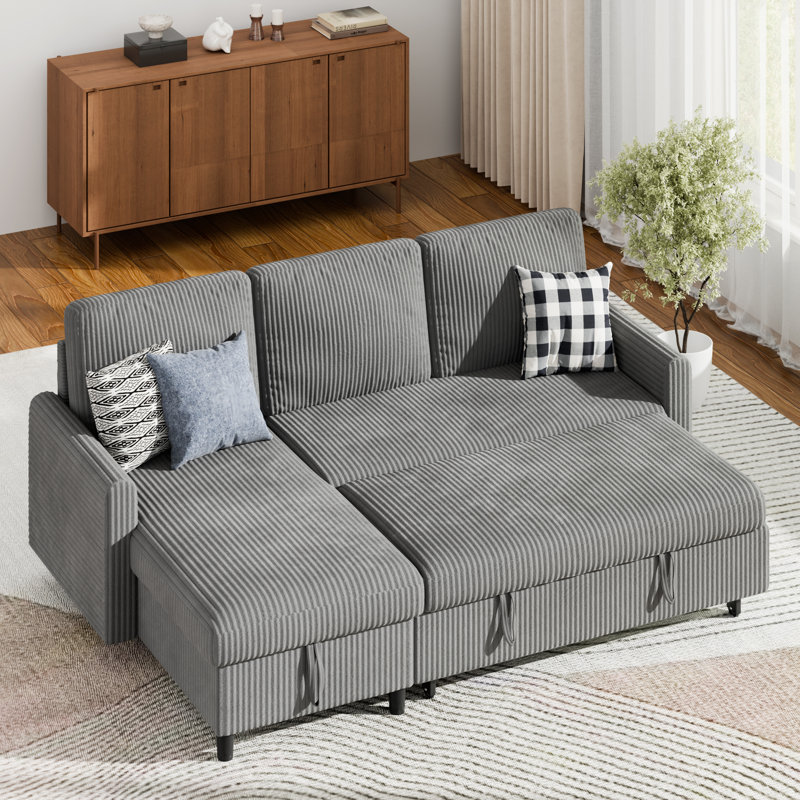 Ashleh 79" L-Shaped Sectional  with Ottoman, Light Gray Cotton Blend