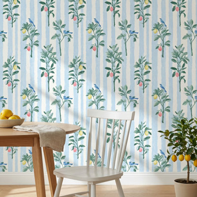 Citrus Wallpaper Bluebirds Vertical Stripes Wall Mural