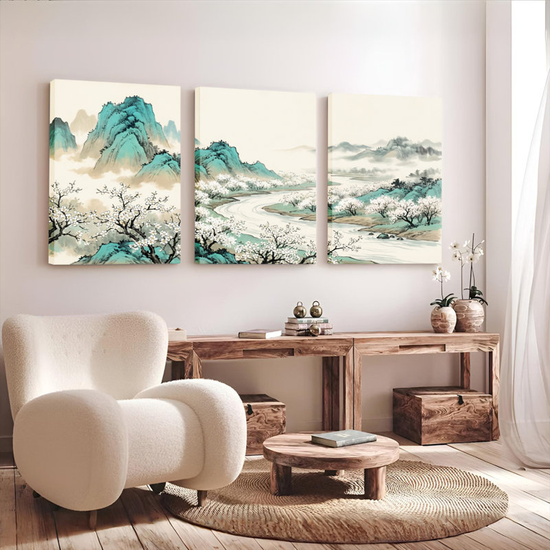 Ensemble de 3 tableaux sur toile représentant un paysage chinois avec des cerisiers en fleurs et des montagnes, idéal pour décorer un salon ou une chambre.