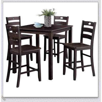 Ensemble de salle à manger 5 pièces de style transitionnel à finition espresso avec table carrée à hauteur de comptoir et chaises à dossier à lattes pour les maisons modernes