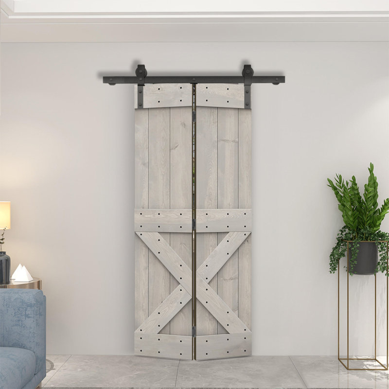 Silver Gray Knotty Pine Barn Door with Oil-Rubbed Bronze Hardware
