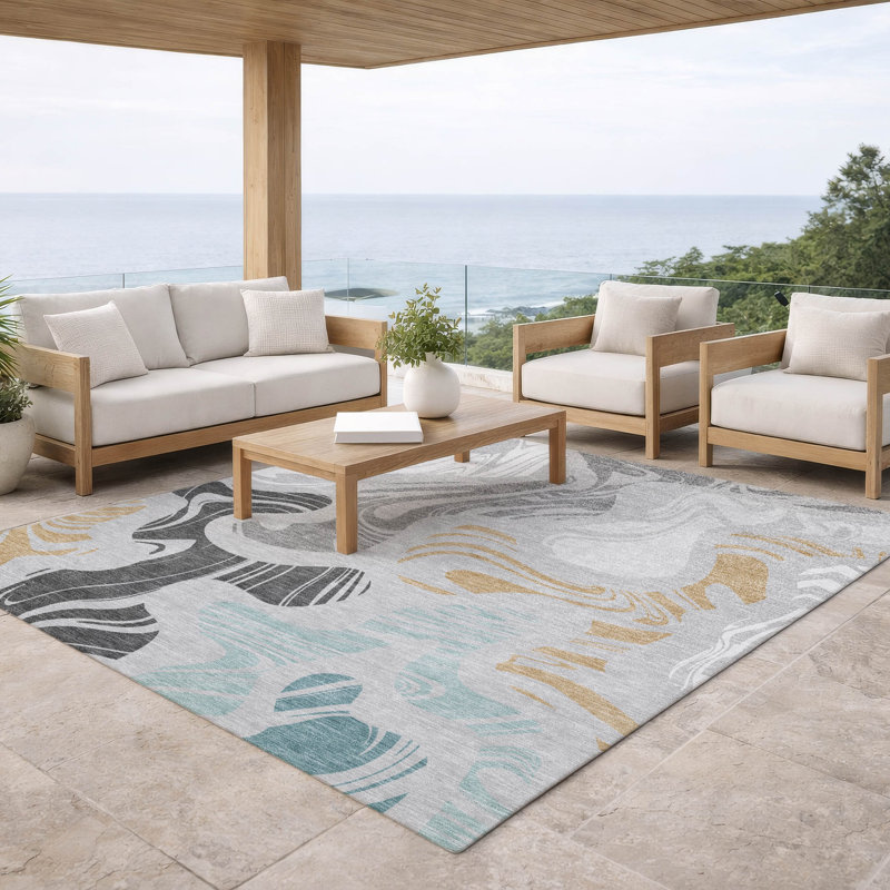 Machine Washable Indoor/Outdoor Chantille ACN2852 Abstract Rug, Silver, 10' x 14'