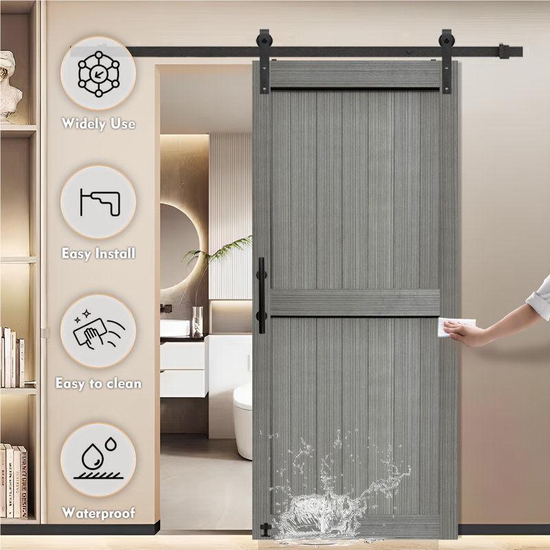 Ensemble de quincaillerie de porte de grange en panneau de fibres à densité moyenne avec porte coulissante recouverte d'une surface en PVC imperméable