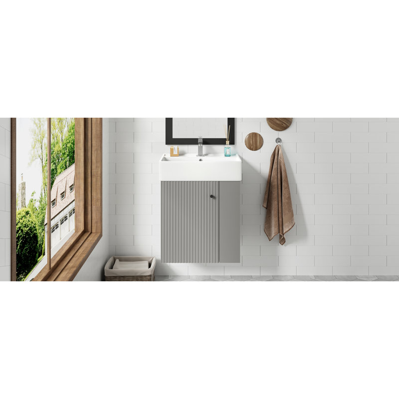 Meuble-lavabo gris flottant peu encombrant avec lavabo en céramique - Conception moderne pour les salles de bain compactes