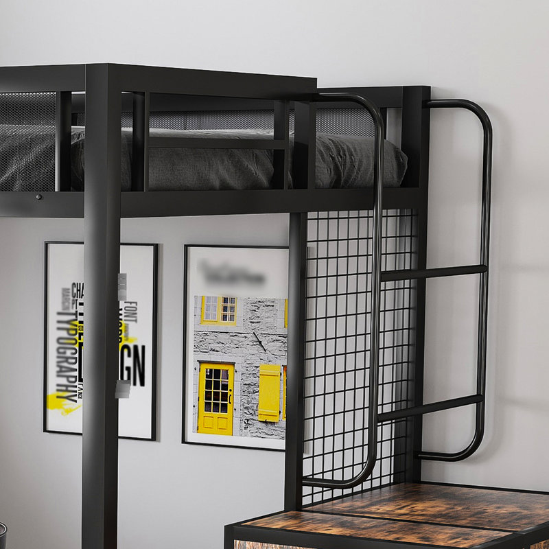 Lit mezzanine double Space avec style rustique et beaucoup de rangement pour une chambre à coucher confortable, bureau de charge spacieux, parfait pour jouer