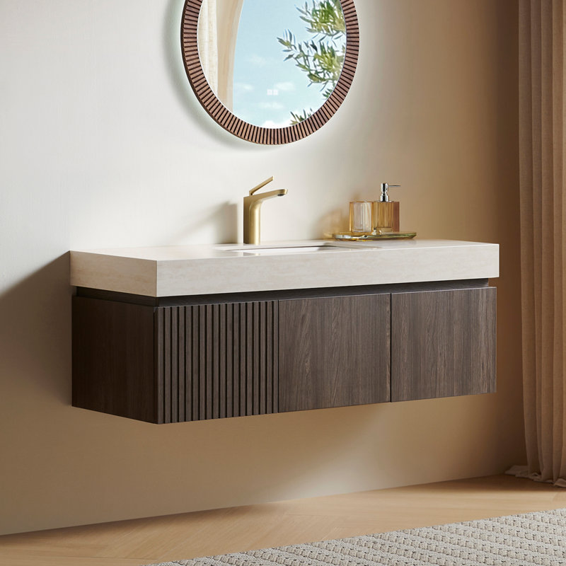 Meuble-lavabo simple en contreplaqué et en bois massif, Espresso, 48", Travertin Roma