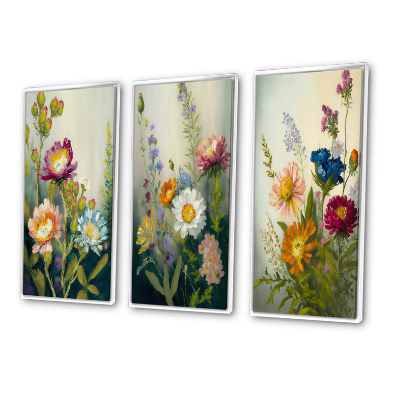 Ensemble d'impressions 3 pièces - Fleurs sauvages peintes, Cadre flottant blanc, H 20 po x l 36 po