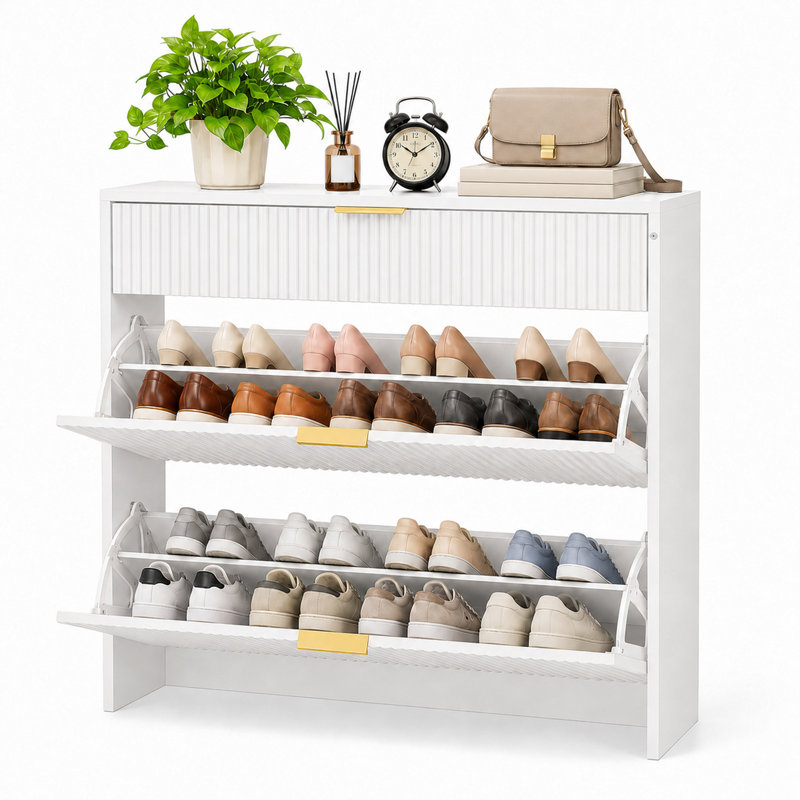 Meuble à chaussures étroit à rainures avec poignées dorées, blanc, Blanc