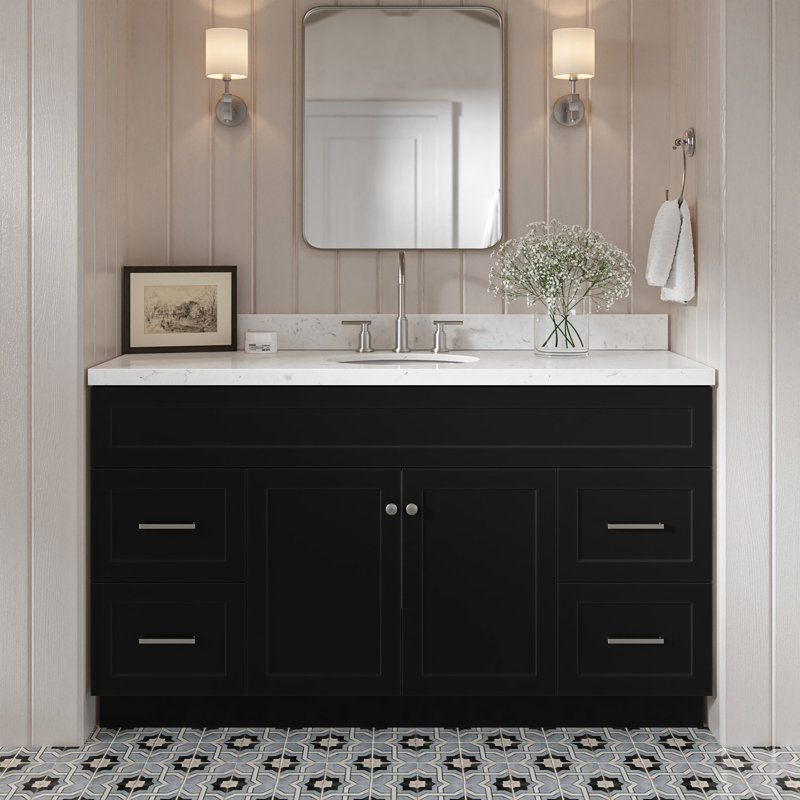 Meuble-lavabo sur pied simple 60 po avec plateau en quartz Abell, Noir