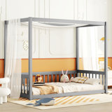 Full Size Canopy Frame Floor Bed With Fence, Guardrails