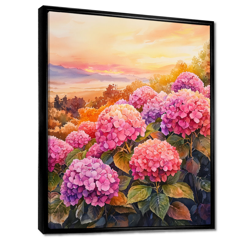 Wagner Hydrangea Field At Sunset II - Hydrangea Wall Art, Black, Floater Framed Print, 20" H x 12" W