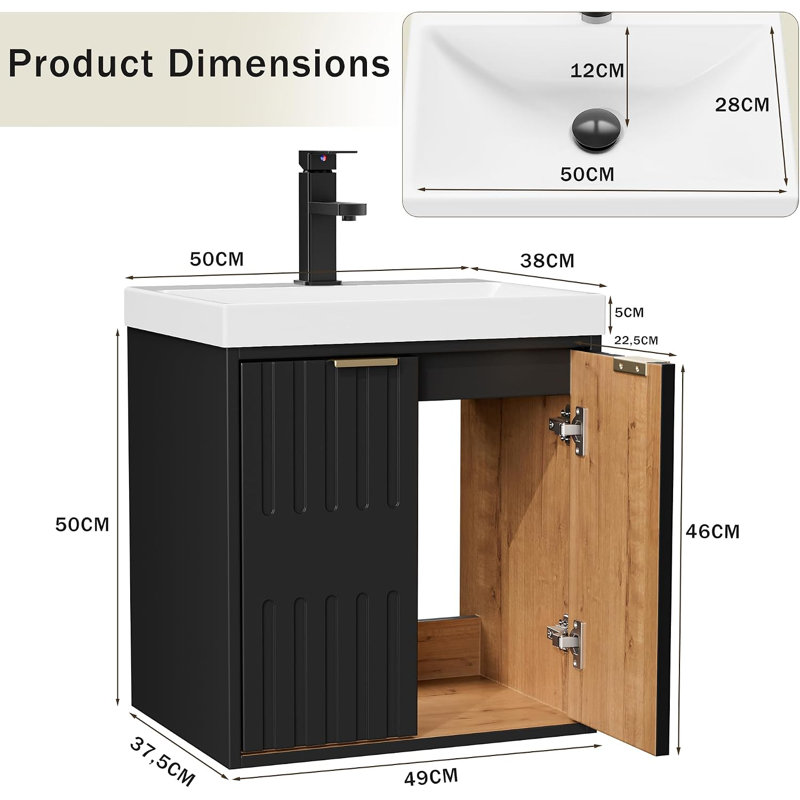 49cm Wall Mounted Bathroom Vanity Base Only, Black
