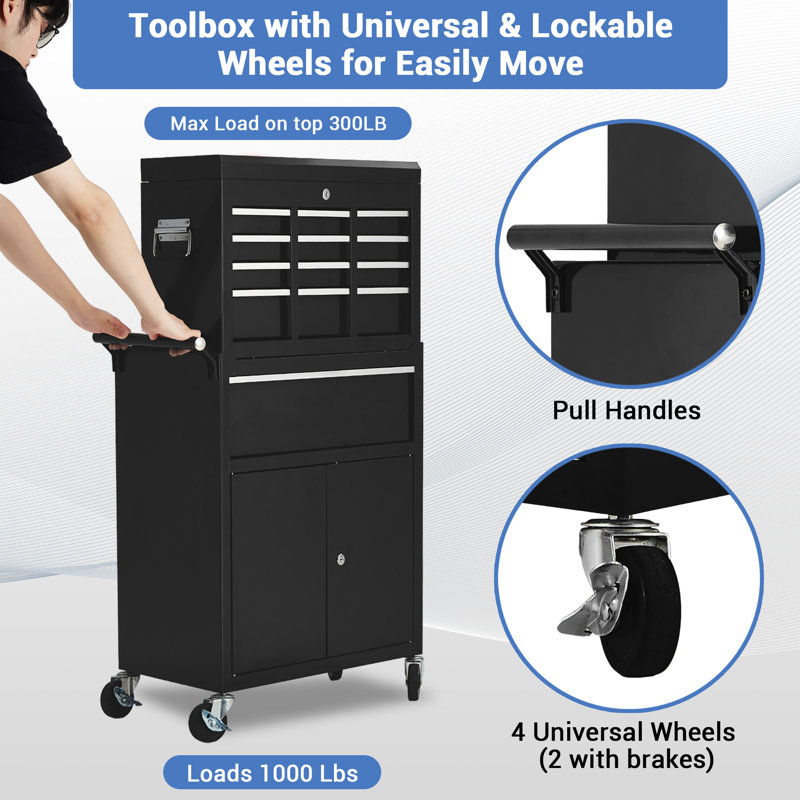 2-in-1 Detachable Rolling Tool Chest - 5-Drawer Metal Cabinet with Lockable Storage, Sliding Drawers & Liners, for Garage, Workshop, Warehouse (Black+Red)