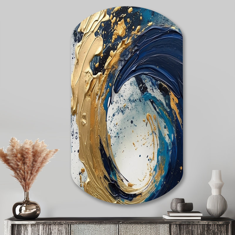 «Dark Blue and Gold Strokes VI», reproduction asymétrique abstraite sur métal, décoration murale cylindrique moderne en métal