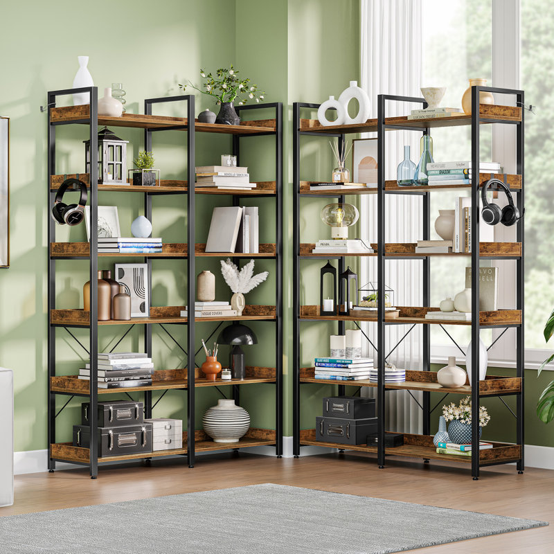 Bookshelf 6 Tier with 4 Hooks and fence, etagere bookcase with Open Shelves, Black/Brown