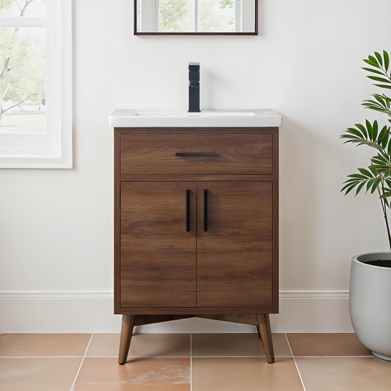 Binford 24'' Single Bathroom Vanity with Ceramic Top, Walnut/Matt Black