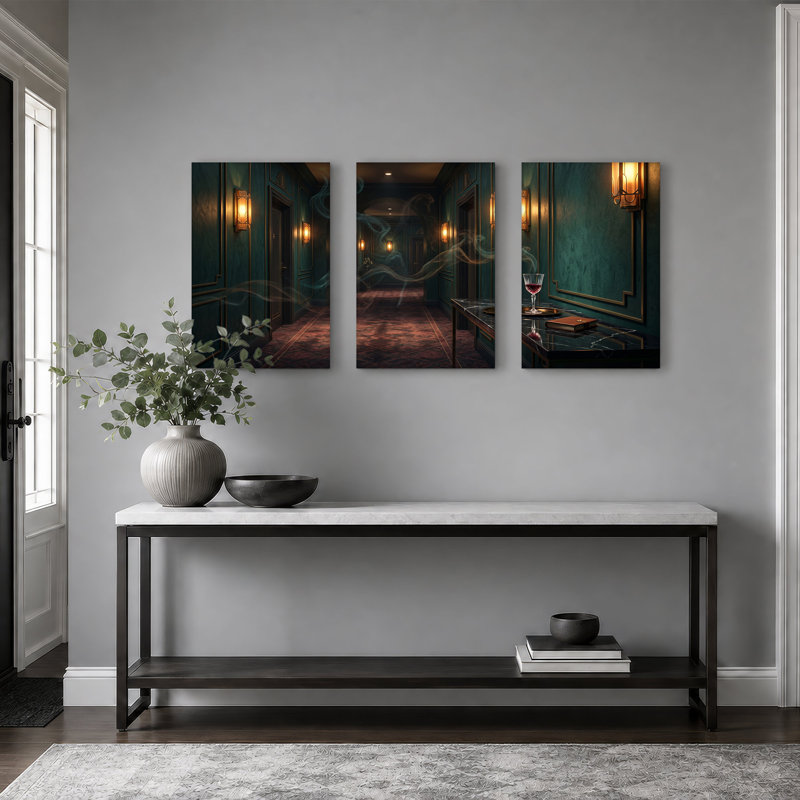 Ensemble de 3 toiles murales sarcelle avec table en marbre et verre à vin, H 24 po x l 16 po x 3 pièces