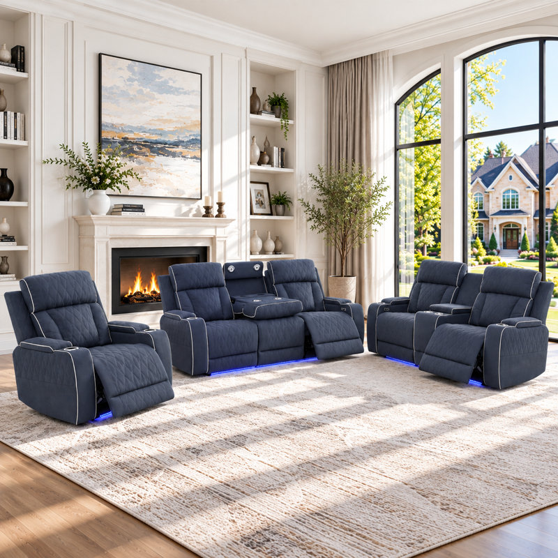 Ensemble de canapés inclinables électriques 3 pièces en similicuir haut de gamme pour salon, Blue/Gray Faux Leather